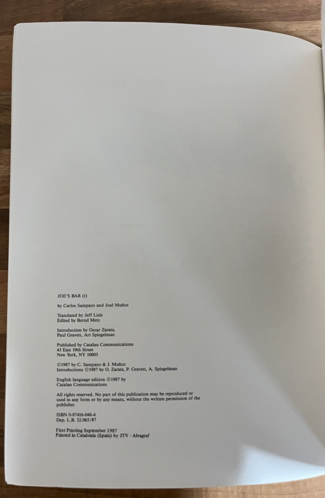 JOE'S BAR by Munoz & Sampayo Graphic Novel, 1987 1st Ed. Catalan Communications