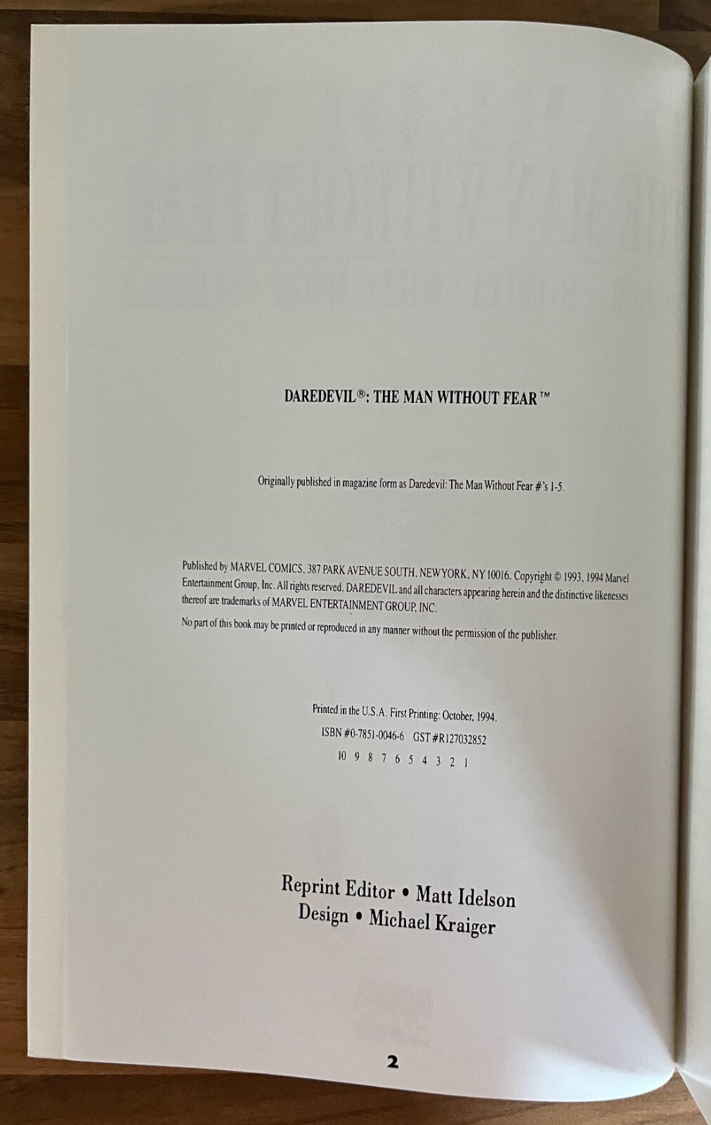 DAREDEVIL THE MAN WITHOUT FEAR - FRANK MILLER & JOHN ROMITA JR. 1ST ED/1ST PRINT