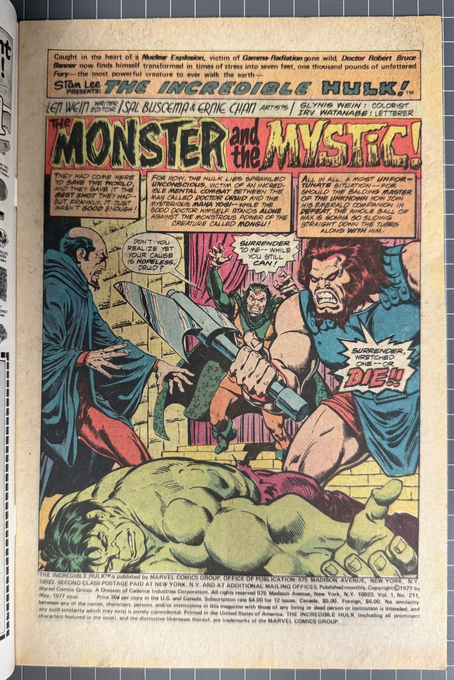 THE INCREDIBLE HULK #211 [MARVEL COMICS] NEWSSTAND 1977 FN/VF