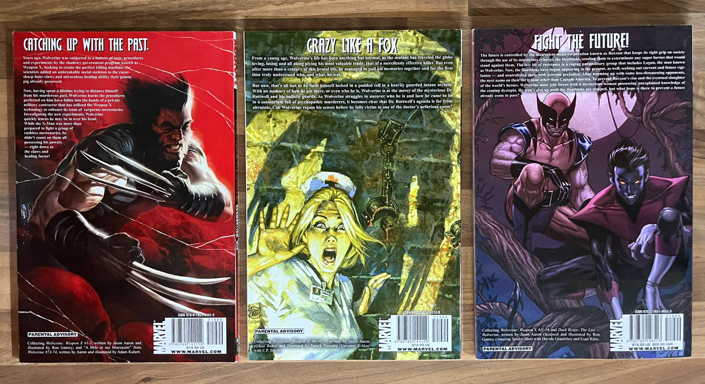 Wolverine Weapon X Vols 1-3, Adamantium Men, Insane in the Brain, Tomorrow dies Today