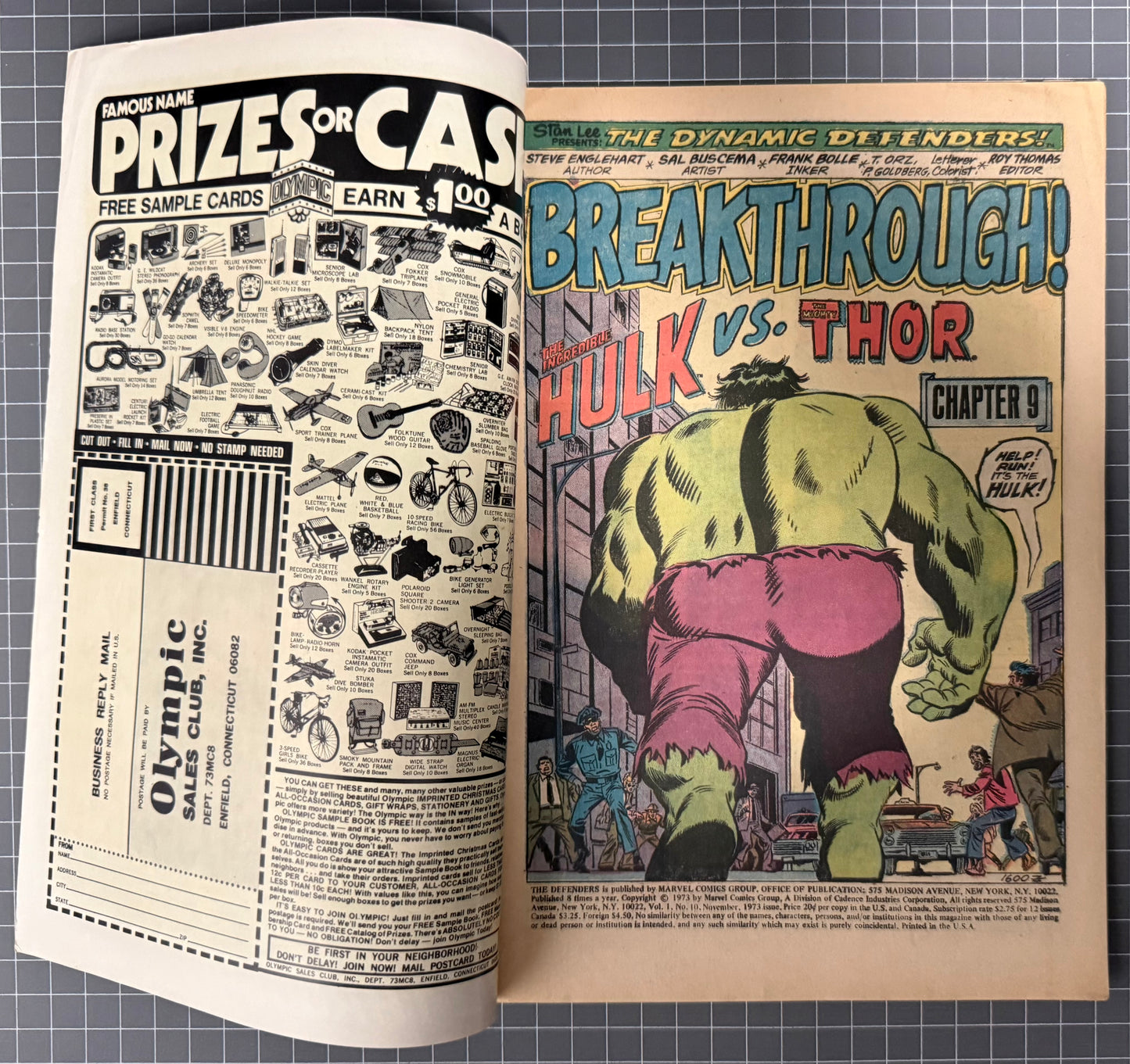 🔑 THE DEFENDERS #10 [MARVEL COMICS] DIRECT *HULK VS THOR* 1973 VG/FN