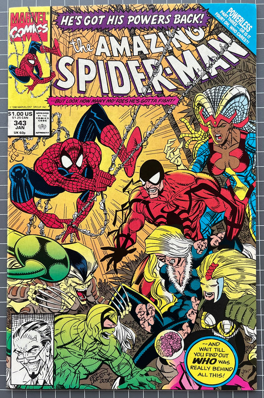 🔑  AMAZING SPIDER-MAN #343 [MARVEL COMICS] *1ST CAMEO APP. CARDIAC* 1991 VF+