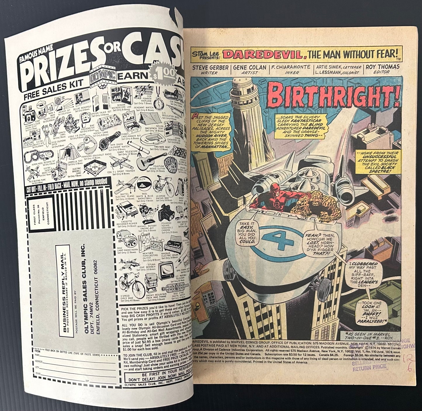 DAREDEVIL #110 [MARVEL COMICS] DIRECT 1974 VG/FN