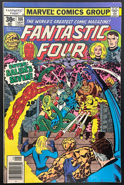 🔑 FANTASTIC FOUR #186 [MARVEL COMICS] NEWSSTAND *SALEM'S SEVEN DEBUT* 1977 VG/FN