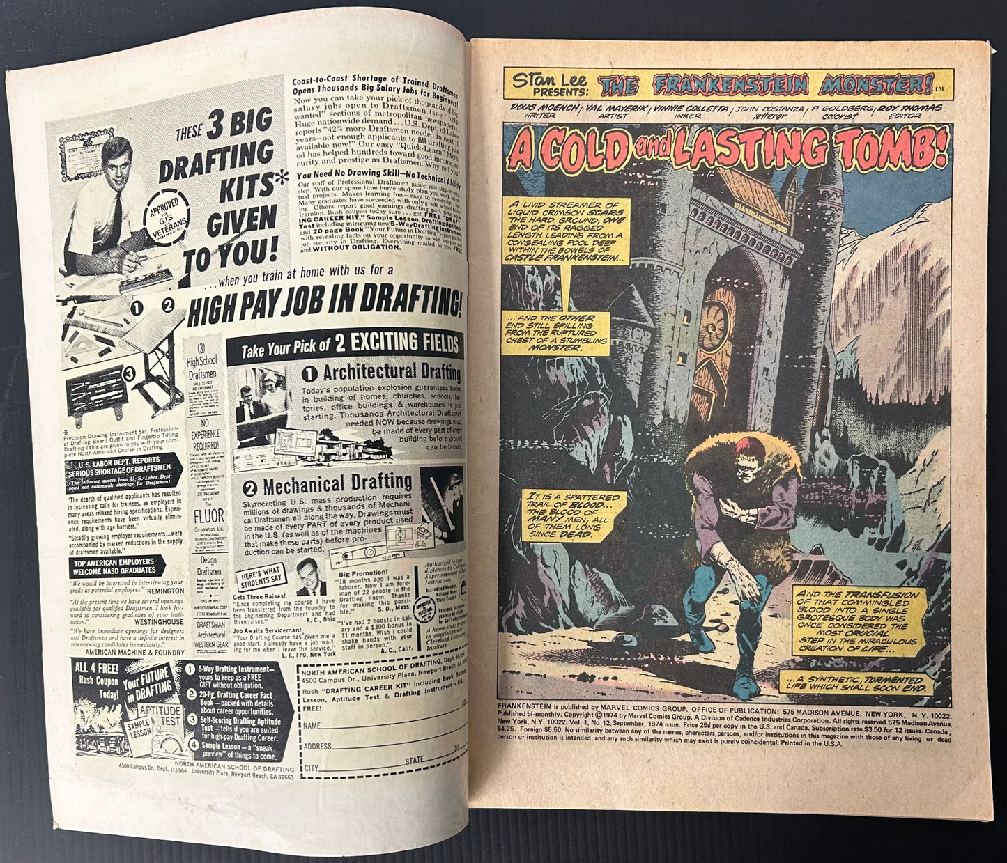 🔑 FRANKENSTEIN #12 [MARVEL COMICS] *FRANKENSTEIN AWAKENS IN PRESENT* 1974 VG+