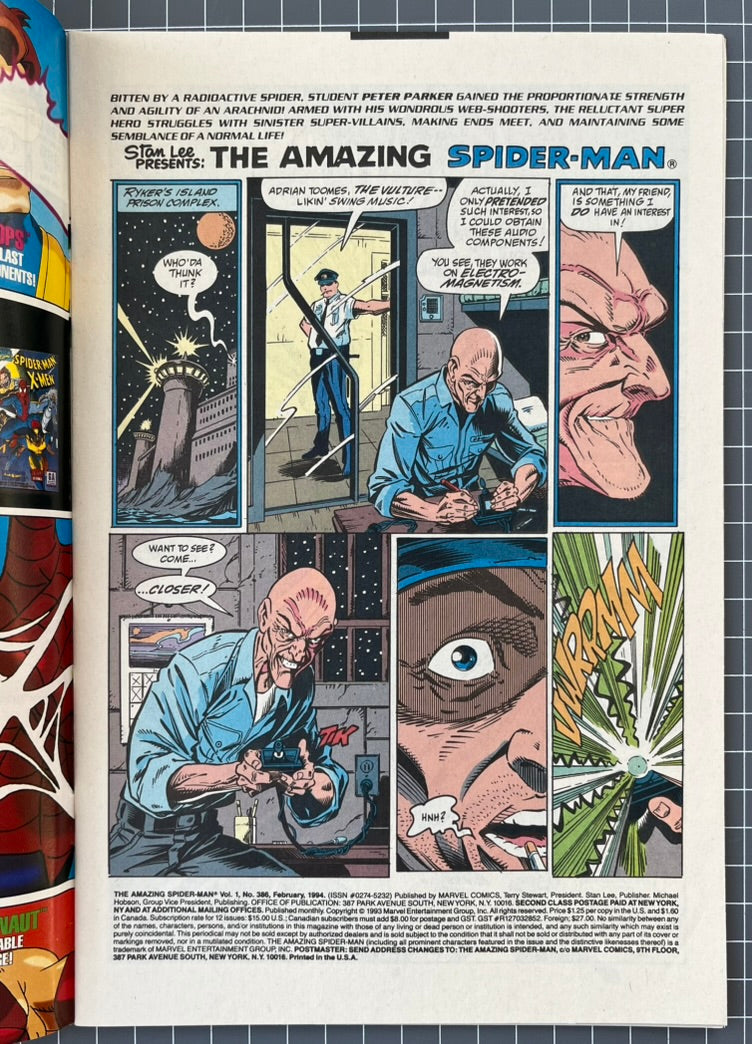 AMAZING SPIDER-MAN #386 [MARVEL COMICS] DIRECT *LIFETHEFT PART 1* 1994 NM