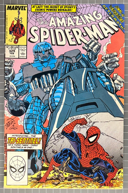 🔑 AMAZING SPIDER-MAN #329 [MARVEL COMICS] *1ST  APP. TRI-SENTINEL* 1990 FN-