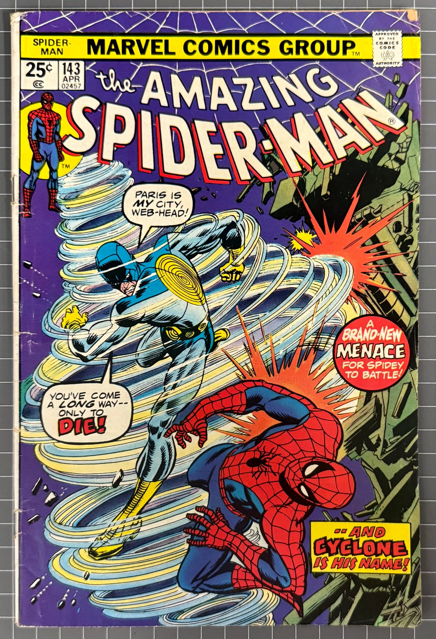 🔑 AMAZING SPIDER-MAN #143 [MARVEL COMICS] *1ST APP. CYCLONE* 1975 VG+