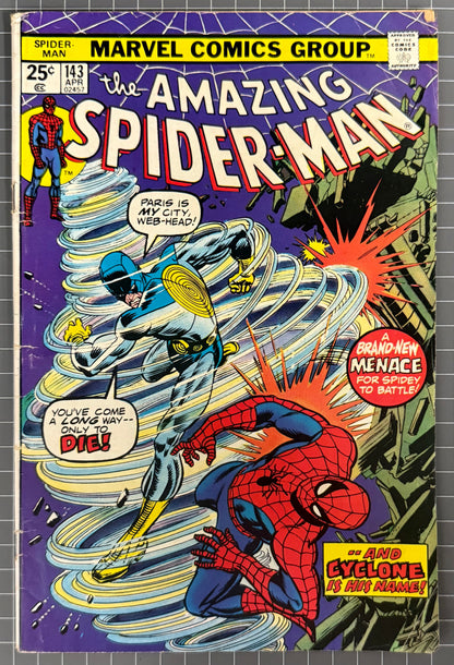 🔑 AMAZING SPIDER-MAN #143 [MARVEL COMICS] *1ST APP. CYCLONE* 1975 VG+