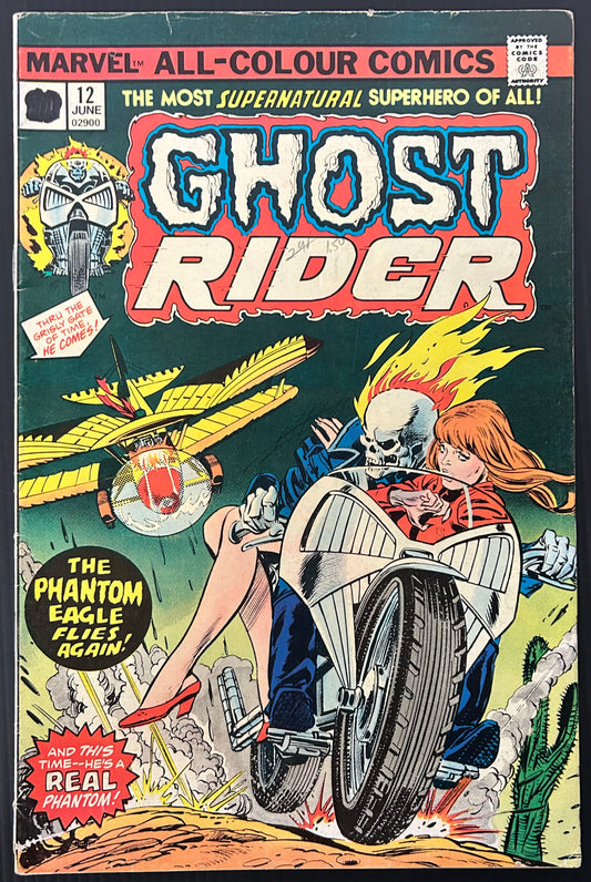 🔑 GHOST RIDER #12 [MARVEL COMICS] DIRECT *PHANTOM EAGLE'S DEATH* 1975 VG/FN