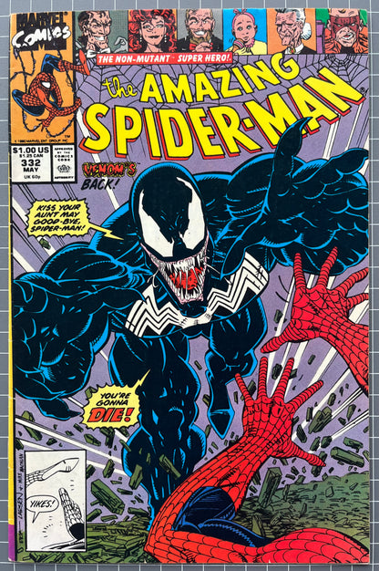 🔑 THE AMAZING SPIDER-MAN #332 [MARVEL COMICS] DIRECT *VENOM* 1990 FN-