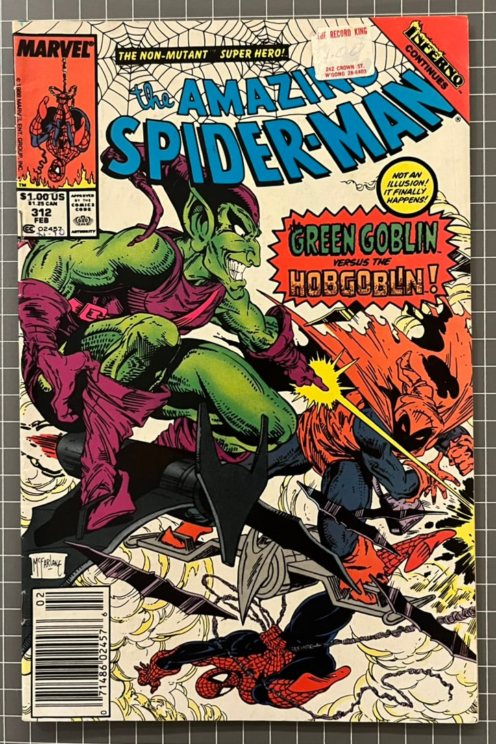 🔑 AMAZING SPIDER-MAN #312 [MARVEL COMICS] *HOBGOBLIN VS GREEN GOBLIN* 1989 VG+