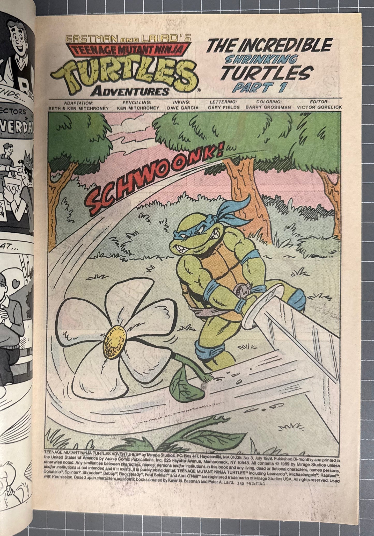 TEENAGE MUTANT NINJA TURTLES ADVENTURES #3 [ARCHIE COMICS] 3RD PRINT 1989 VG/FN