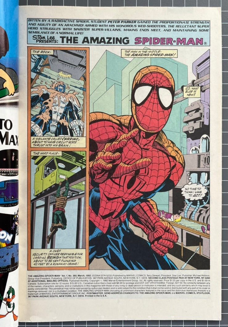 🔑 THE AMAZING SPIDER-MAN #360 [MARVEL COMICS] *2ND APP. CARNAGE* 1992 VF+