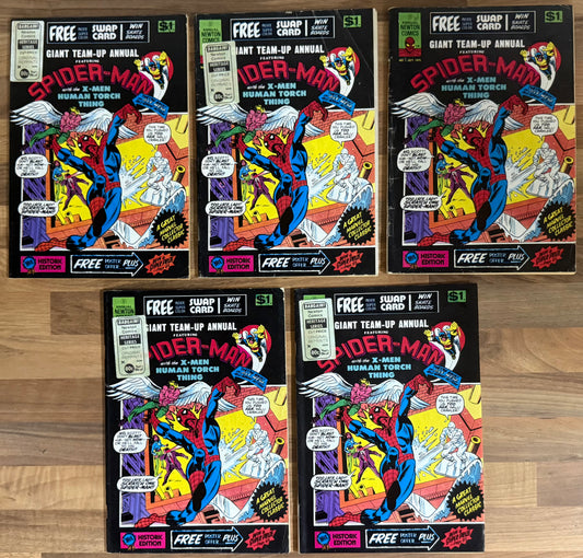 🔑 5 x GIANT TEAM-UP ANNUAL #1 + 5 SWAP CARDS [NEWTON COMICS] AUSTRALIAN 1975