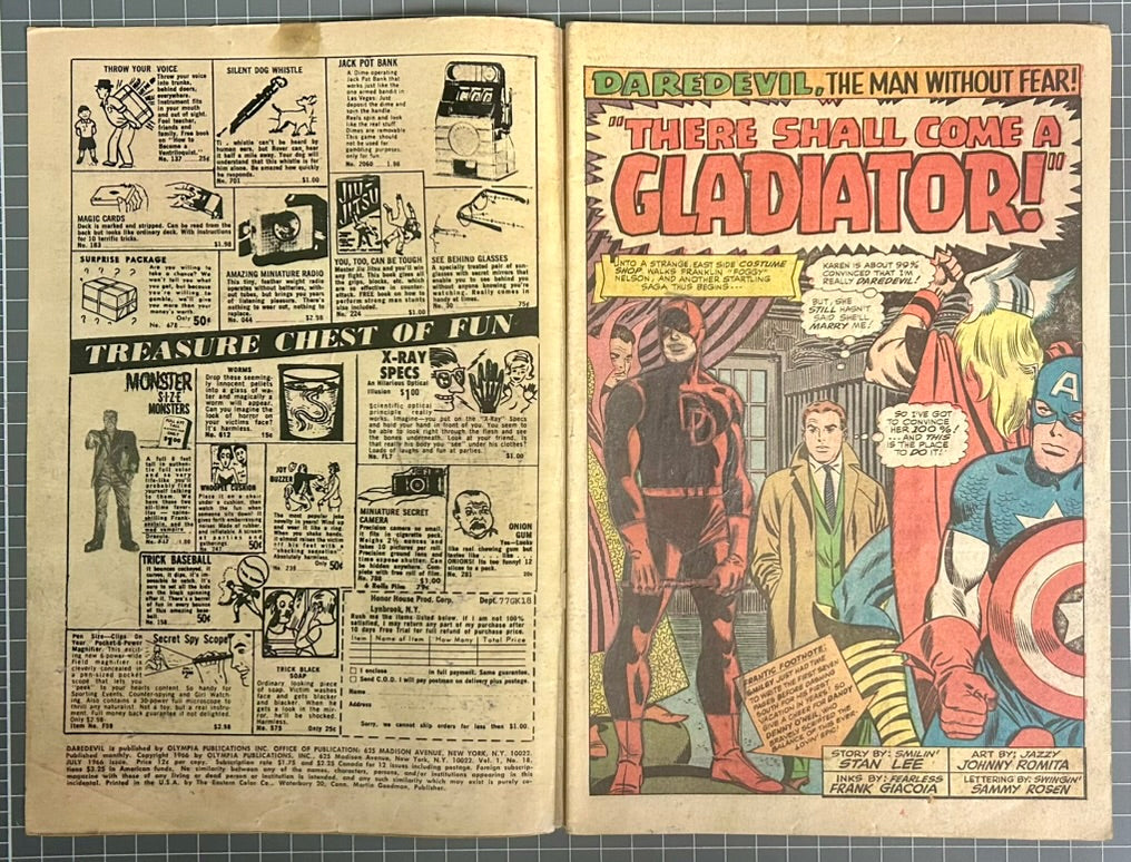 🔑  DAREDEVIL #18 [MARVEL COMICS] DIRECT *GLADIATOR DEBUT* 1966 GD/VG