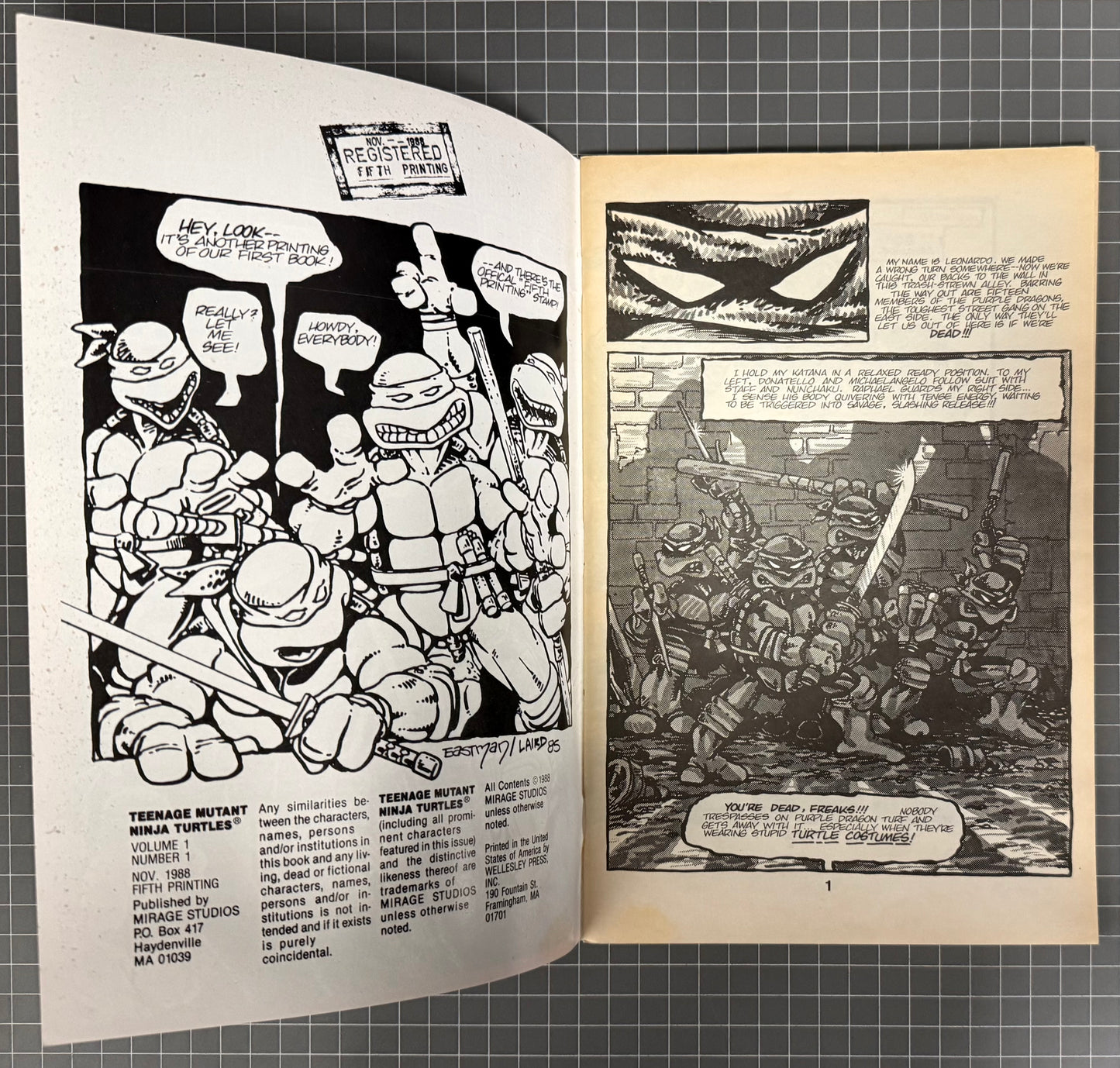 🔑 TEENAGE MUTANT NINJA TURTLES #1 (MIRAGE) 5TH PRINT TMNT COMIC 1988 FN/VF