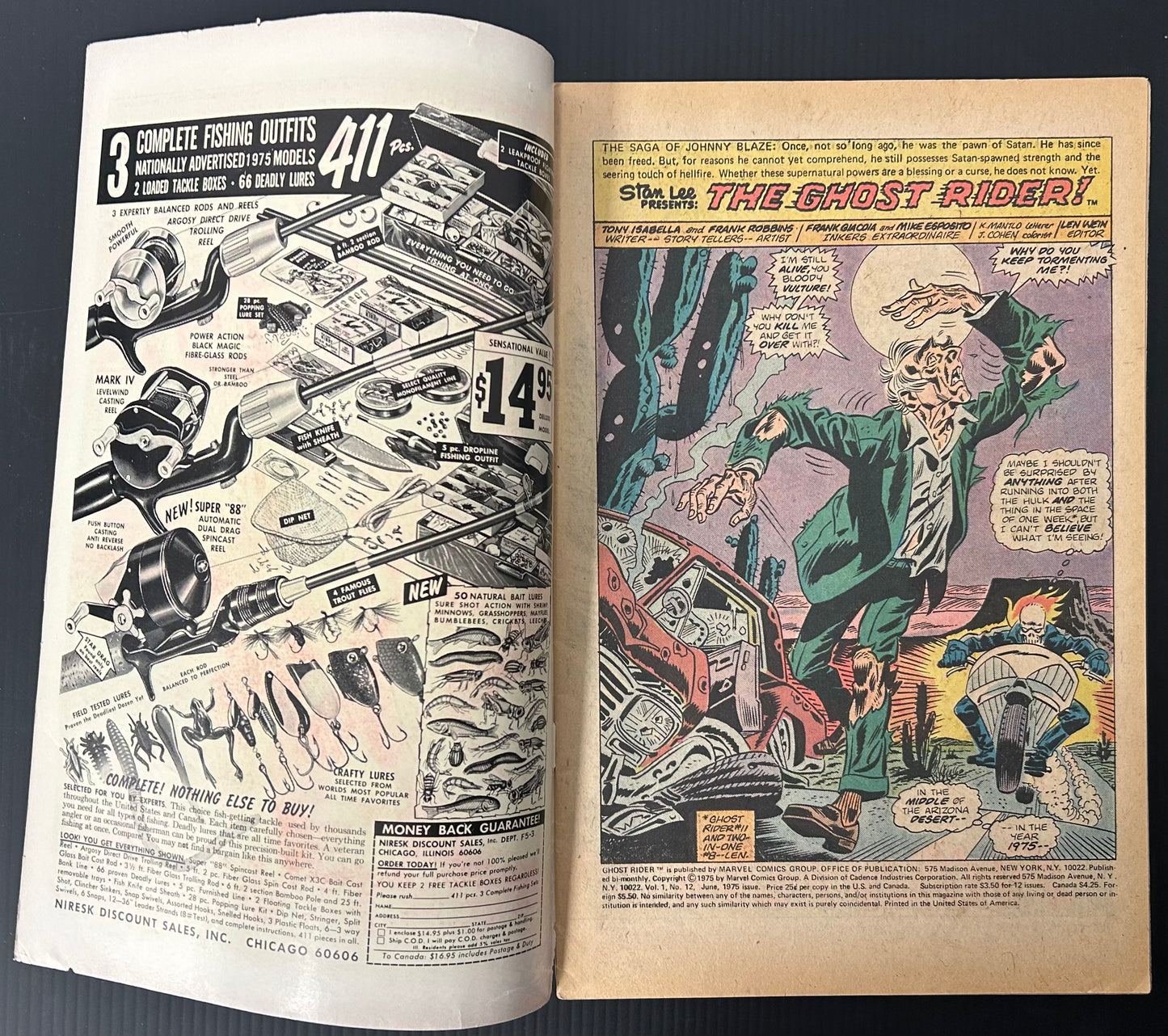 🔑 GHOST RIDER #12 [MARVEL COMICS] DIRECT *PHANTOM EAGLE'S DEATH* 1975 VG/FN