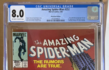 🔑 THE AMAZING SPIDER-MAN #252 CGC 8.0 NEWSSTAND MARVEL COMIC 1ST BLACK COSTUME 1984