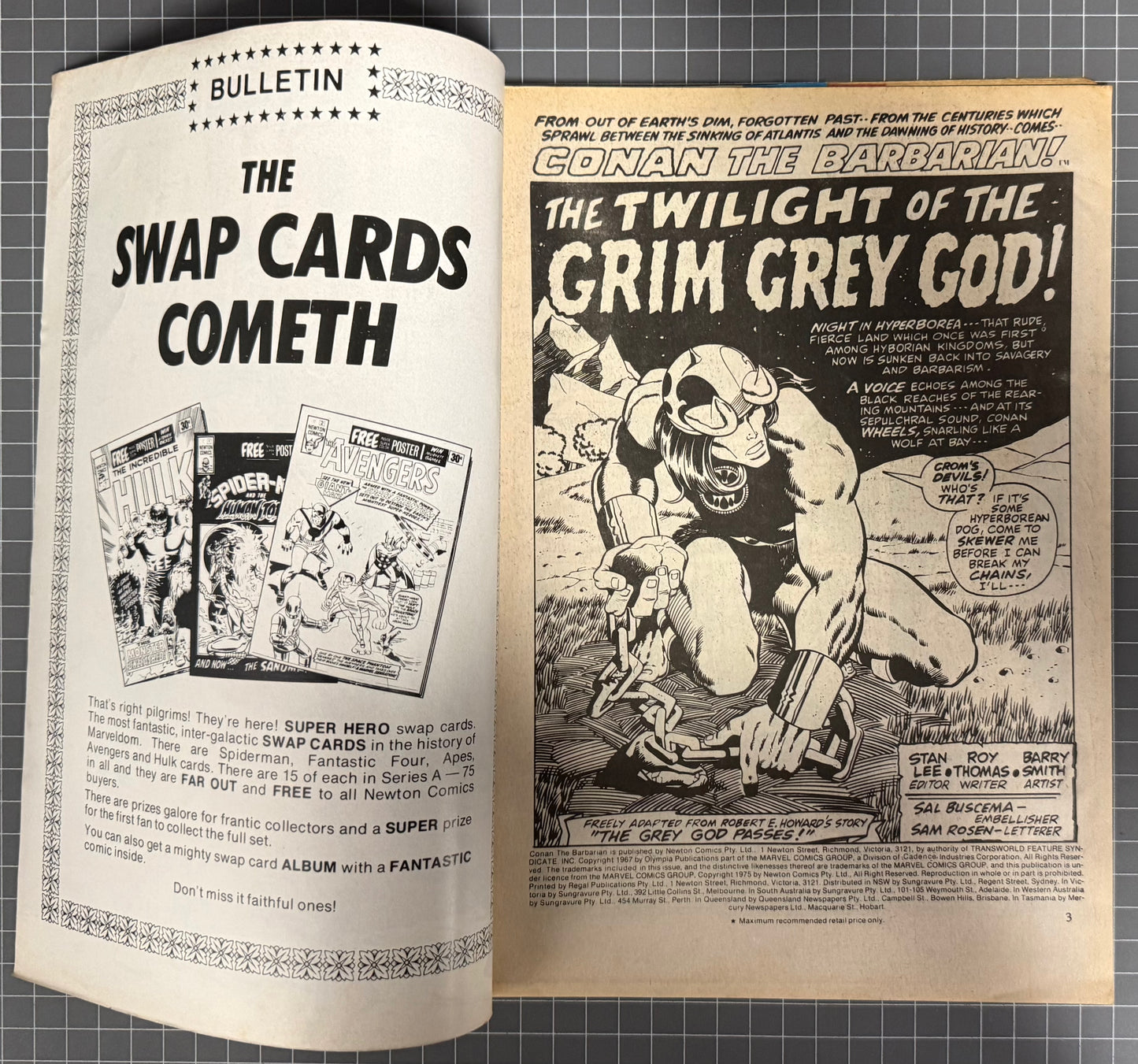 🔑 CONAN THE BARBARIAN #3 + POSTER/SWAP CARD [NEWTON COMICS] AUSTRALIAN 1975