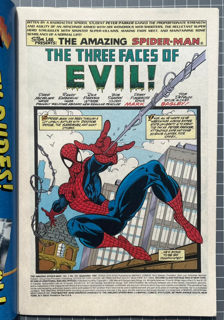 THE AMAZING SPIDER-MAN #351 [MARVEL COMICS] DIRECT 1991 NM-