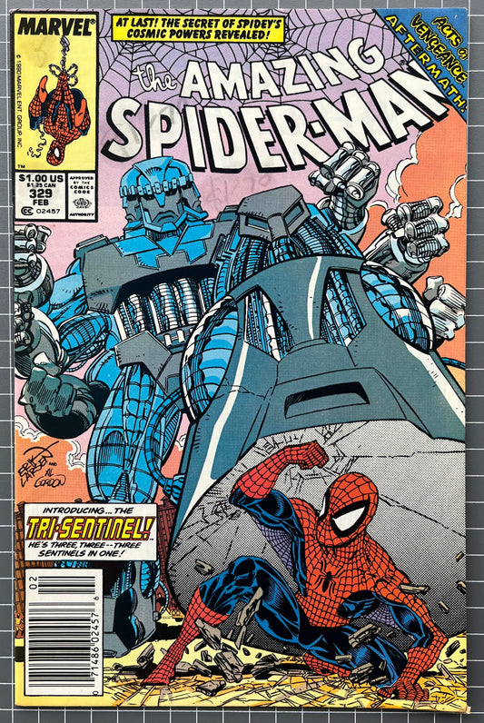🔑 THE AMAZING SPIDER-MAN #329 [MARVEL COMICS] *1ST  APP. TRI-SENTINEL* 1990 FN/VF