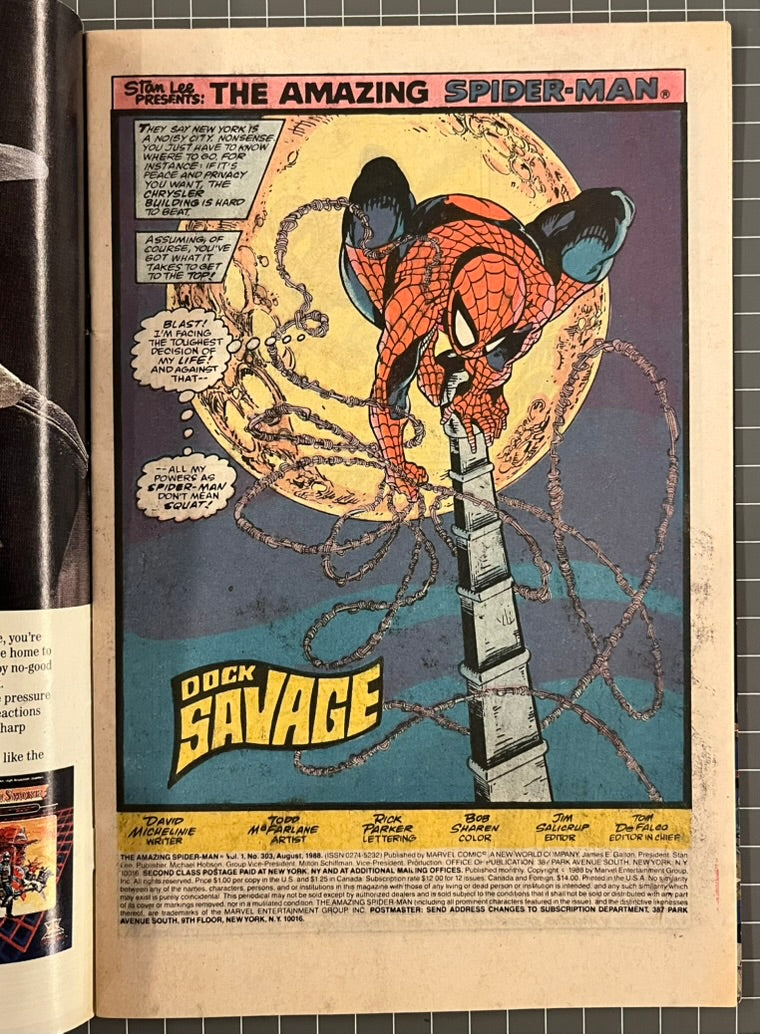 🔑 AMAZING SPIDER-MAN #303 [MARVEL COMICS] *TODD MCFARLANE COVER* 1988 FN