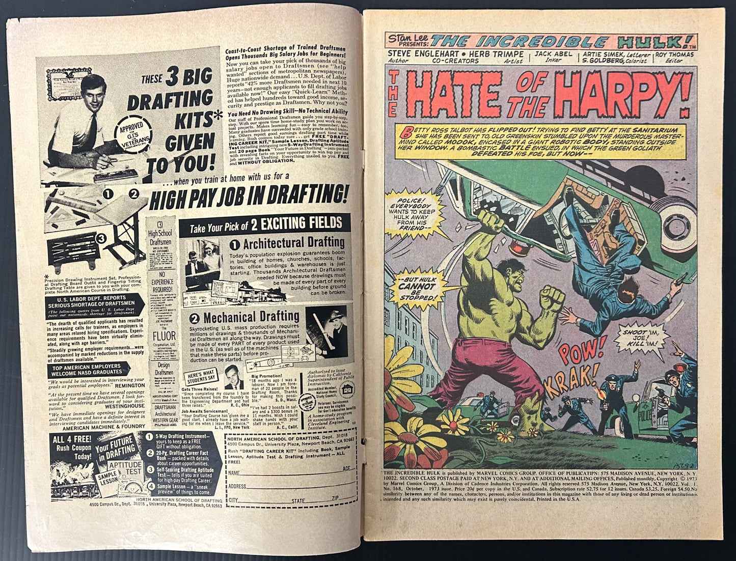 🔑 THE INCREDIBLE HULK #168 [MARVEL COMICS] DIRECT *1ST APP. HARPY* 1973 GD+