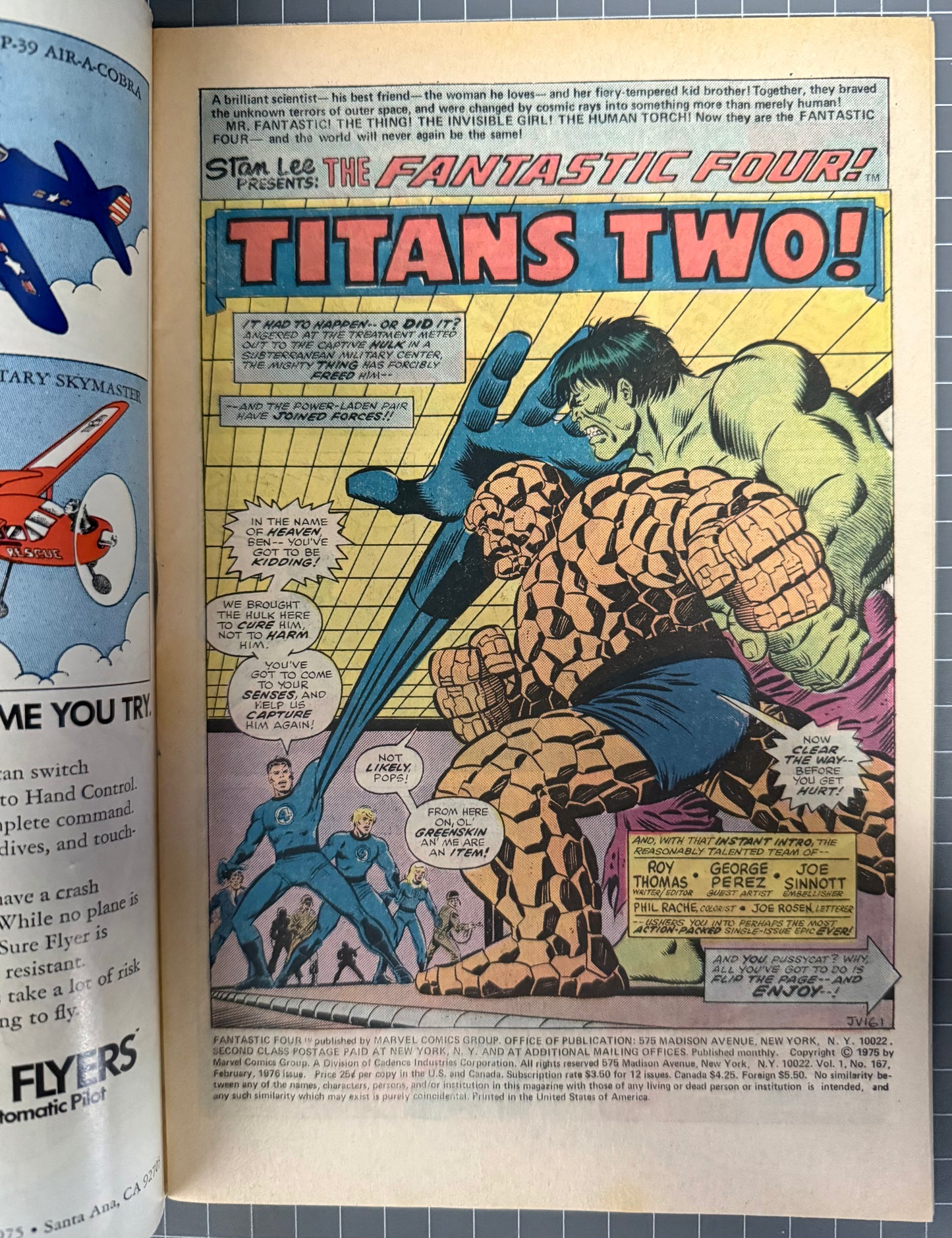 🔑 FANTASTIC FOUR #167 [MARVEL COMICS] DIRECT *FANTASTIC FOUR VS THE HULK* 1976 FN/VF