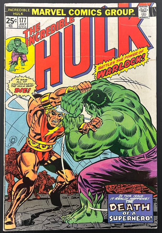 🔑 THE INCREDIBLE HULK #177 [MARVEL COMICS] DIRECT *ADAM WARLOCK'S DEATH* 1974 FN-