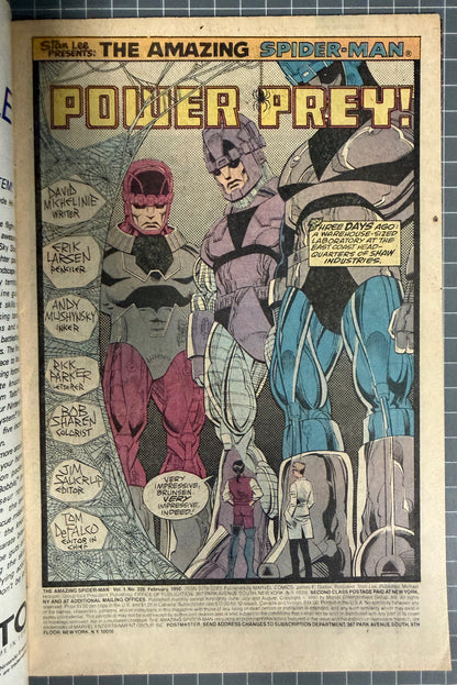 🔑 AMAZING SPIDER-MAN #329 [MARVEL COMICS] *1ST  APP. TRI-SENTINEL* 1990 FN-