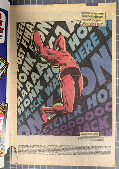 🔑 DAREDEVIL #187 [MARVEL COMICS] DIRECT *1ST TEAM APP. CHASTE * ORIGIN* 1983 GD+