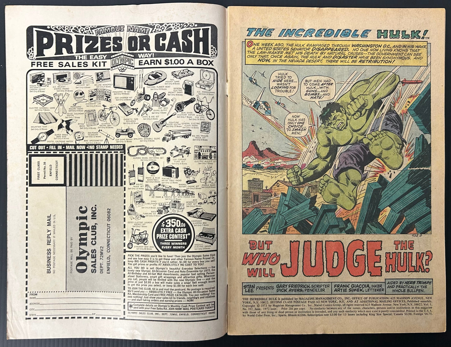 THE INCREDIBLE HULK #152 [MARVEL COMICS] DIRECT 1972 GD+