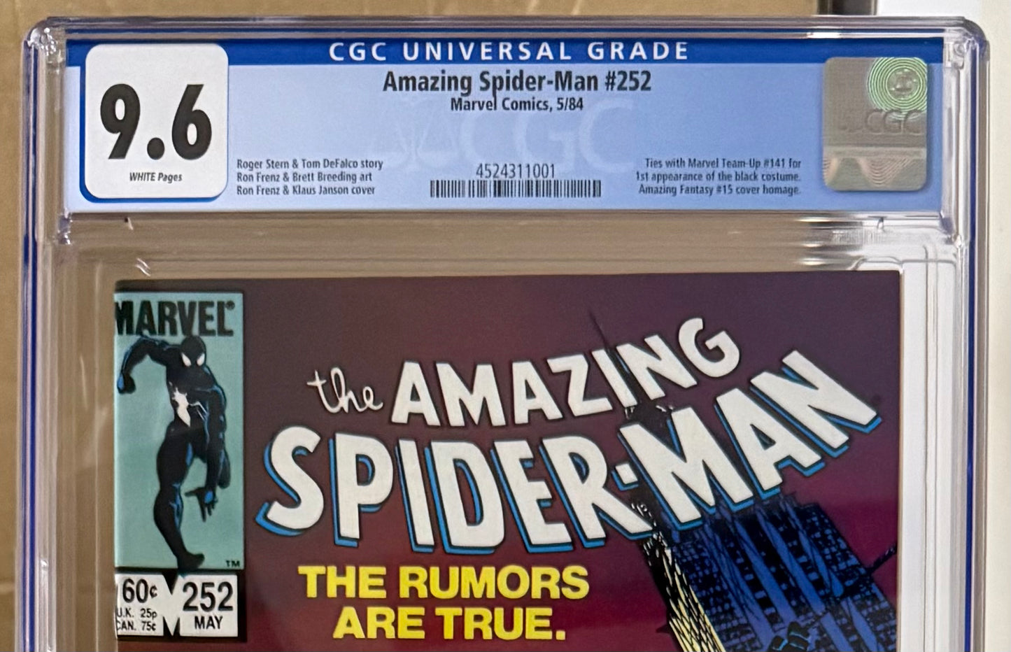 🔑 AMAZING SPIDER-MAN #252 CGC 9.6 [MARVEL COMICS] DIRECT *1ST BLACK COSTUME* 1984