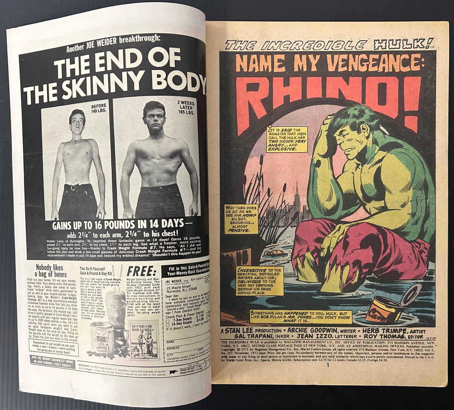 THE INCREDIBLE HULK #157 [MARVEL COMICS] DIRECT 1972 VG+