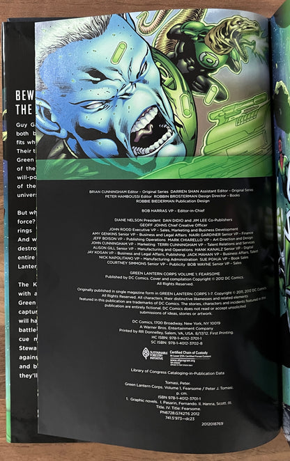 THE NEW 52! GREEN LANTERN CORPS VOLUME 1: FEARSOME [PETER J. TOMASI] HC 2012 1ST PRINT