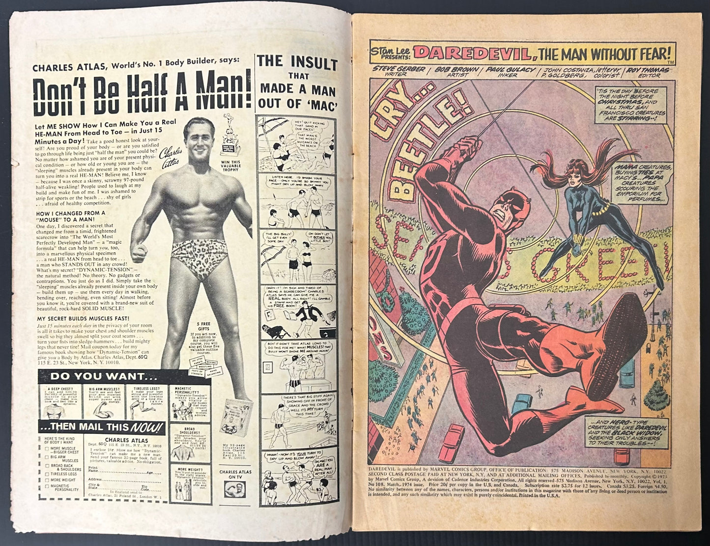 🔑 DAREDEVIL #108 [MARVEL COMICS] DIRECT *1ST APP. BLACK SPEKTRE* 1974 GD/VG