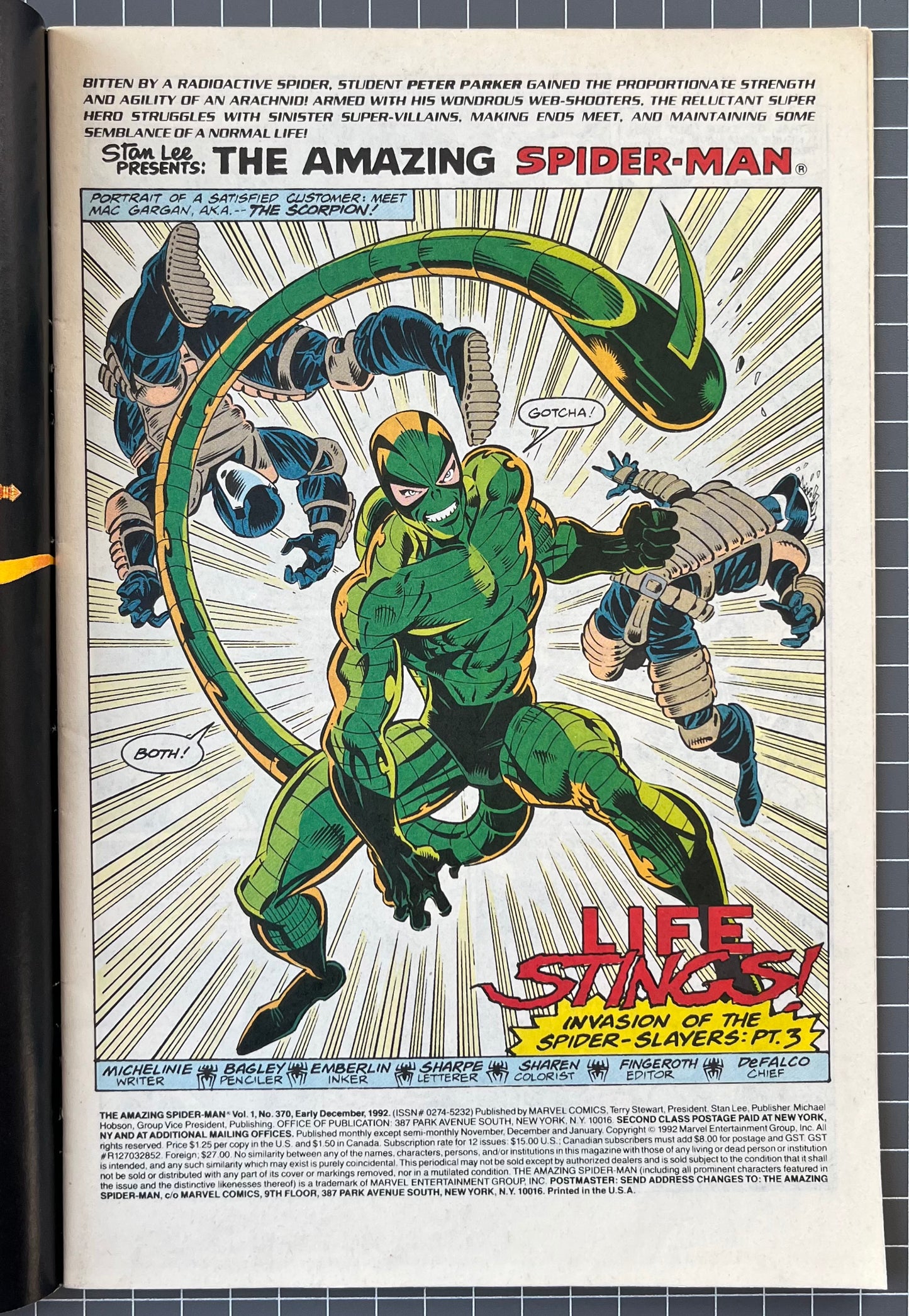 THE AMAZING SPIDER-MAN #370 [MARVEL COMICS] *PART 3 SPIDER-SLAYERS* 1992 VF-