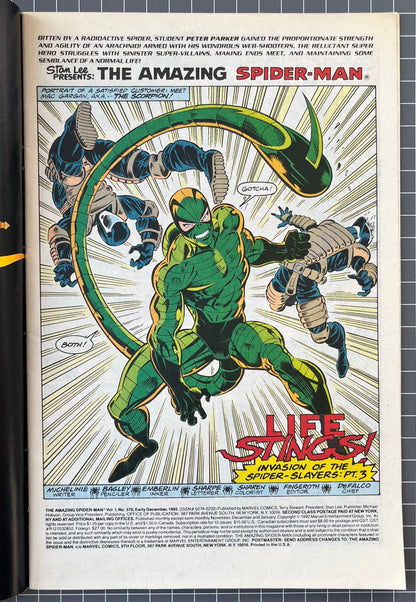 THE AMAZING SPIDER-MAN #370 [MARVEL COMICS] *PART 3 SPIDER-SLAYERS* 1992 VF-