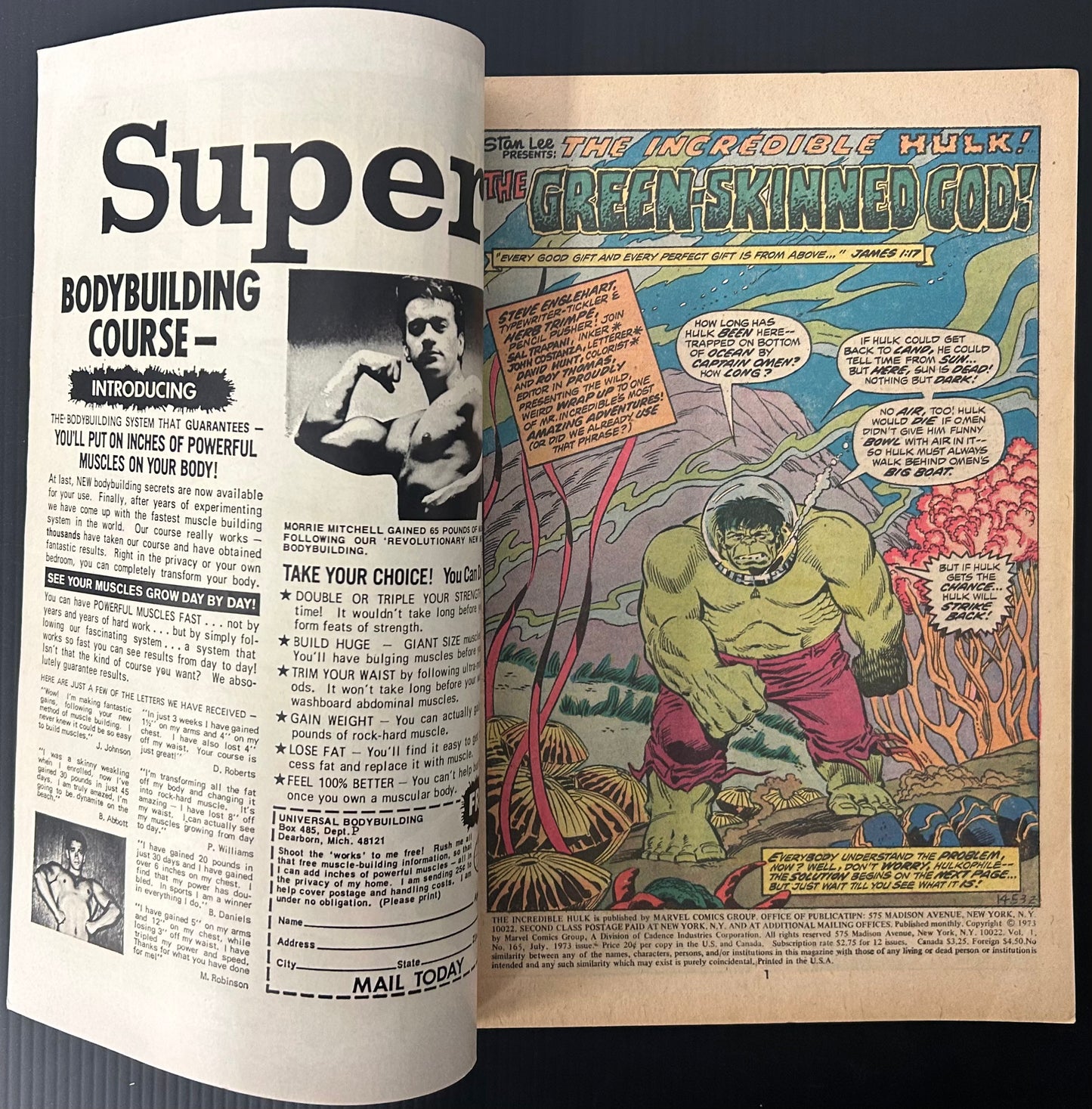 🔑 THE INCREDIBLE HULK #165 [MARVEL COMICS] DIRECT *1ST APP AQUON* 1973 FN+