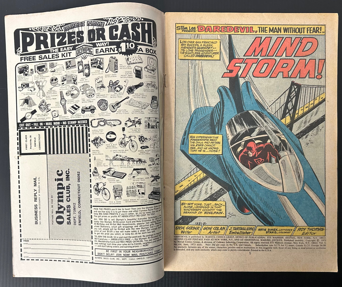 🔑 DAREDEVIL #100 [MARVEL COMICS] DIRECT *1ST CAMEO APP. ANGAR* 1973 GD/VG