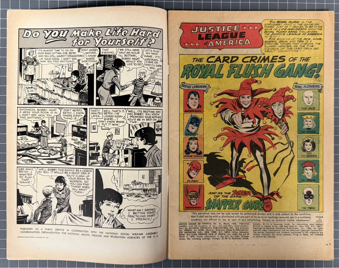 🔑 JUSTICE LEAGUE OF AMERICA #43 [DC COMICS] *ROYAL FLUSH GANG* 1966 VG/FN