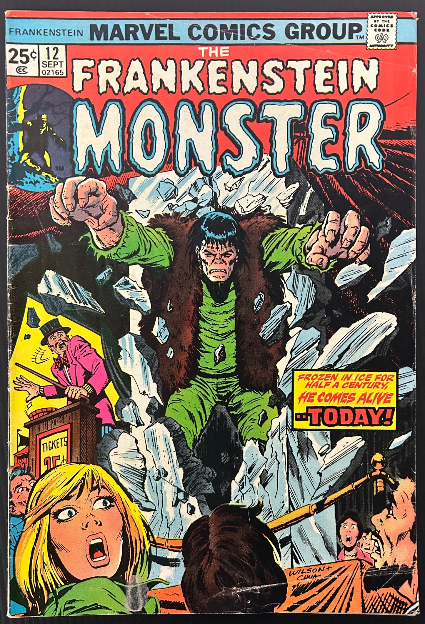 🔑 FRANKENSTEIN #12 [MARVEL COMICS] *FRANKENSTEIN AWAKENS IN PRESENT* 1974 VG+