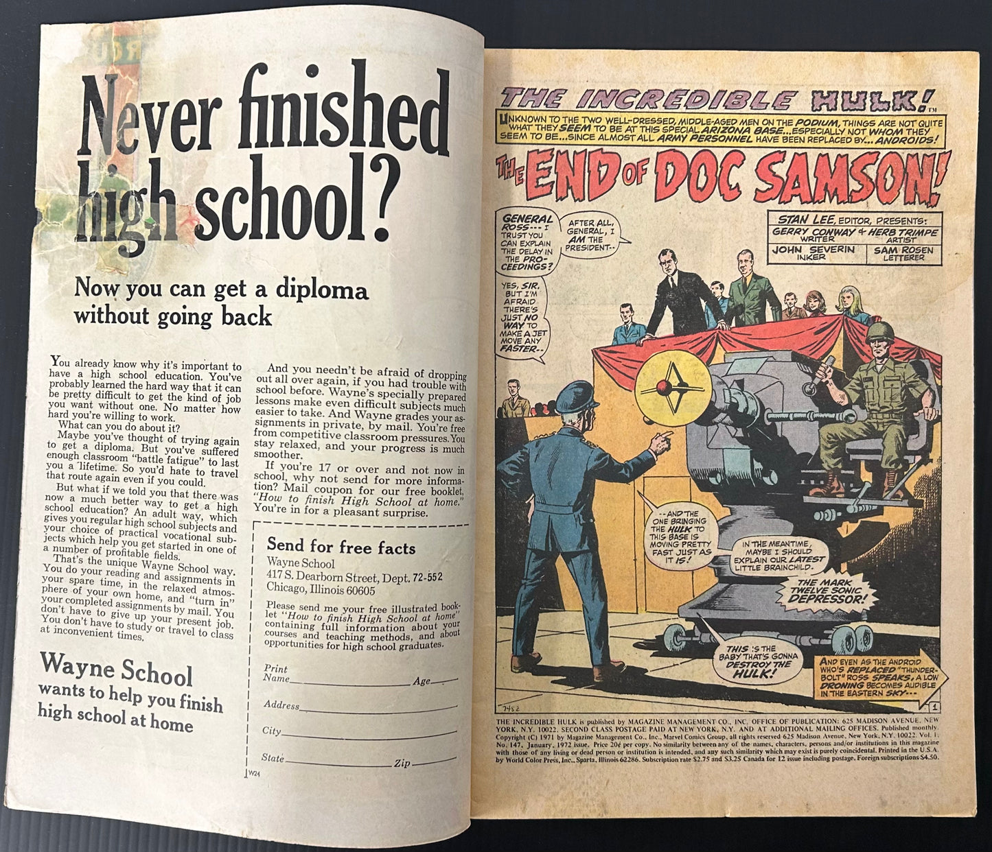 THE INCREDIBLE HULK #147 [MARVEL COMICS] DIRECT 1972 GD-
