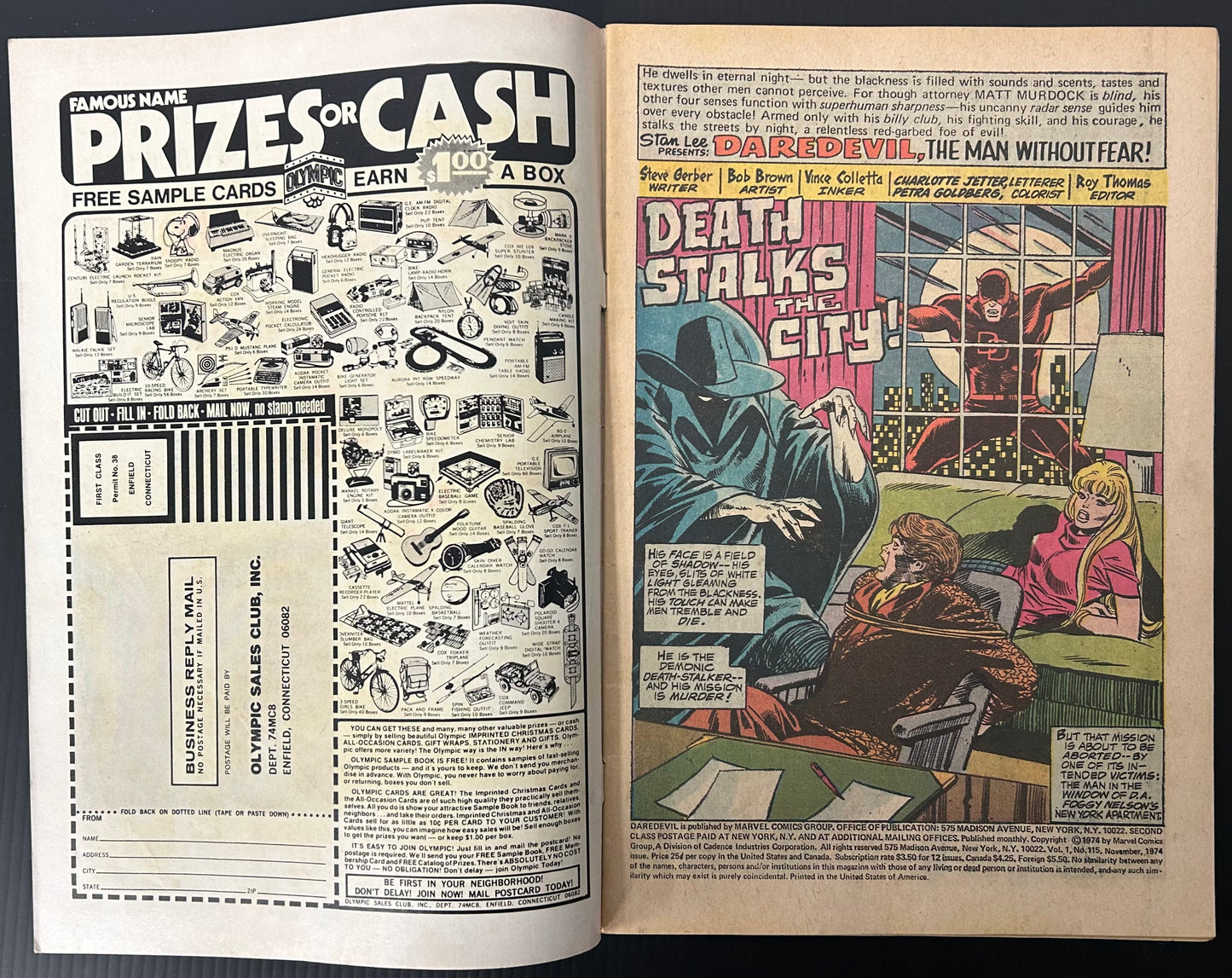 🔑 DAREDEVIL #115 [MARVEL COMICS] DIRECT *AD FOR INCREDIBLE HULK* 1974 VG/FN