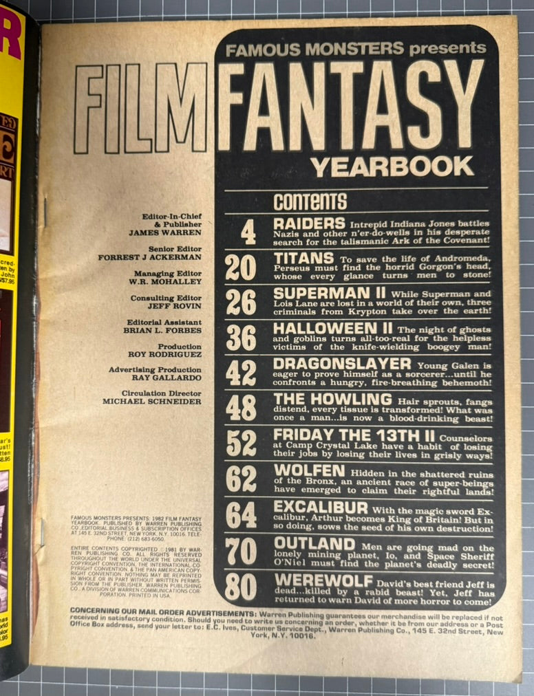 🔑 FILM FANTASY YEARBOOK [WARREN] HORROR MAGAZINE MARCH 1982 FN+