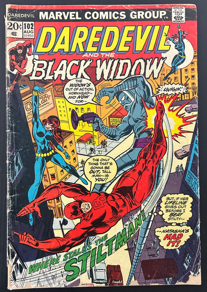 🔑 DAREDEVIL #102 [MARVEL COMICS] *DAREDEVIL + BLACK WIDOW TEAM-UP* 1973 GD+
