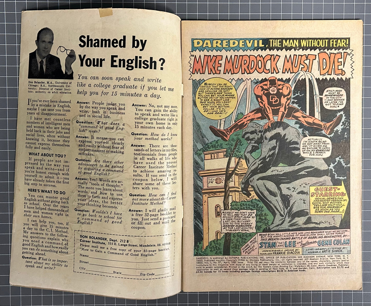 🔑 DAREDEVIL #27 [MARVEL COMICS] DIRECT *SPIDERMAN CROSSOVER* 1967 VG/FN