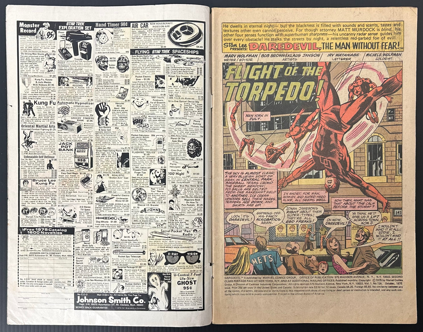🔑 DAREDEVIL #126 [MARVEL COMICS] DIRECT *1ST APP. SECOND TORPEDO* 1975 GD/VG