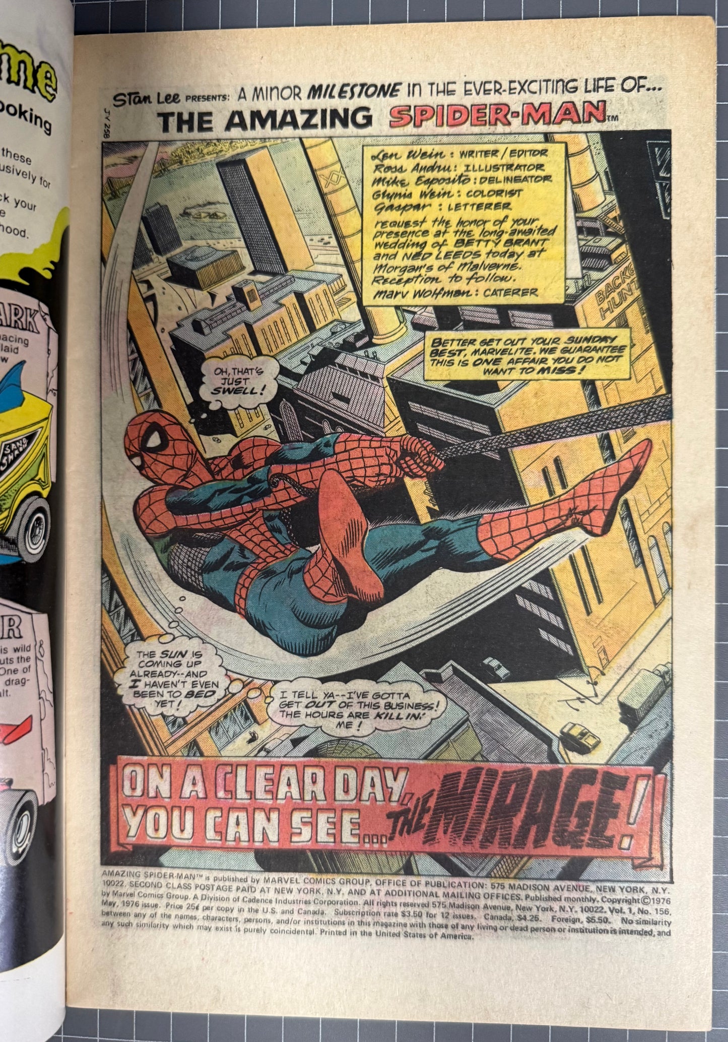 🔑 THE AMAZING SPIDER-MAN #156 [MARVEL COMICS] *1ST APP. MIRAGE* 1976 FN+